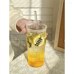 Wine Glasses Ins Stripe Glass Cup With Lid And Straw 600ml Large Capacity Transparent Drinking Iced Coffee Juice Water Bottle Cups Drinkware