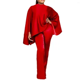 Women's Two Piece Pants 2Pcs/Set Women Faux Satin Outfit O-Neck Batwing Long Sleeve Loose Tops High Waist Set Solid Colour Elastic