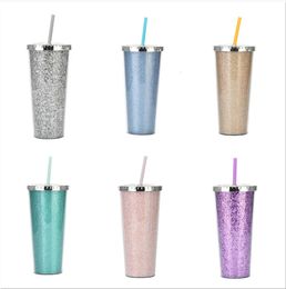 Fashion Glitter Cup 710ml 24oz Plastic Double Wall Tumbler Cup With Straw With Flat Lid Coffee Mugs Christmas Gifts 240105