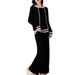 Fall/Winter 100% Pure Cashmere Hoodie Two-Piece Women Hooded Knitted Long-Sleeved Sweater Wool Wide-Leg Pants Suit 240105