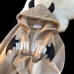 Women's Hoodies Y2k Gothic Devil Ears Harajuku Letter Embroidery Zipper Hooded Jackets American Retro Loose Sweatshirts Clothing