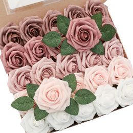 Yan Foam Rose Artificial Flowers Combo Box Dusty Rose with Stems for DIY Wedding Bouquets Centerpieces Floral Home Decoration 240106