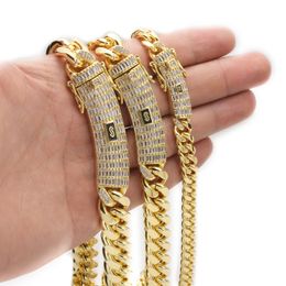 6mm-14mm Hip Hop Stainless Steel Miami Cuban Link Chain Necklace Full 5A Zircon Clasp 14K/18K Gold Plated Accessories Gold Jewelry Set
