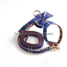 Dog Collars Leashes Designer Pet Accessories K-Shaped Harness Bow Collar And Leash Set British Style Mti-Color Adjustable Size Fas Dhzdp