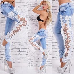 Jeans TCJULY Drop Shipping Fashion Hollow Out Lace Jeans For Ladies White Black Woman Jeans Plus Mom Boyfriend For Women