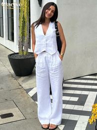 Clacive Summer White Linen Two Piece Set For Women Fashion Sleeveless Tank Top In Matching High Waist Wide Pants Set 240106
