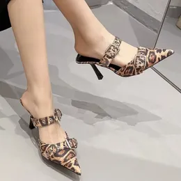 Slippers Shoes For Women 2024 Autumn Women's Closed Toe Mixed Colors Leopard Print Buckle Decoration High Heels