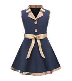 Designer Summer Girls suit lapel lattice dresses children Bow belt plaid princess dress kids cotton clothing A75901248035
