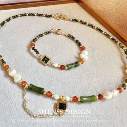Temperament Design Natural Baroque Pearl Necklace Bracelet Green Zircon Customized Jewelry for Women's 240106