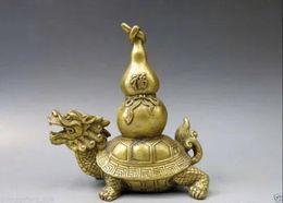 Crafts Chinese Brass Copper Animal Fengshui bottle gourd calabash Dragon Turtle Statue