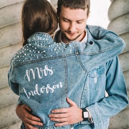 Wedding Couples Jean Jackets Personalized Denim Bridal With Pearls Jacket Coats Customed Groom Gift Outerwear Vintage Autumn 240105