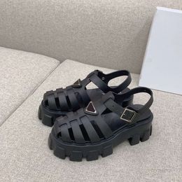 Black Monolith Platform Gladiator rubber sandals Triangle smooth leather shoes women luxury designer Ankle-strap Chunky Luxe casual flats factory footwear