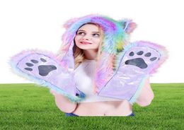 Faux Fur Hood Animal Hat Ear Flaps Hand Pockets 3 in1 Animals Hood Hats Warm Cap With Scarf Gloves9116570