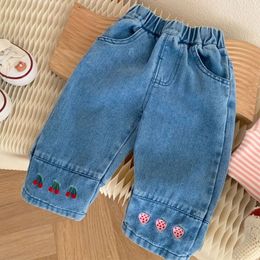 Baby Girls Cherry Embroidery Jeans Kids Autumn Pants Wide Leg Trousers Harem Clothes Elastic Waist Soft Outerwear Bottoms 240106