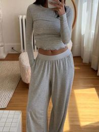 Women's Two Piece Pants Women 2 Outfits Set Long Sleeve Crop Tops And Elastic Wide Leg For Loungewear Soft Sleepwear Nightwear