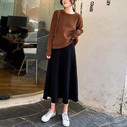 Skirts Vintage Winter Women Thick Sweater Skirt Elastic High Waist Pleated Midi Knitted A-line Female Solid Elegant