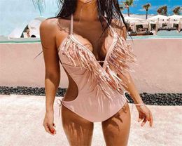 Deep Plunge V Neck Fringe Cut Out Swimsuit Trikini Women Sexy Halter Backless Tassel Swimwear Bath Suit Monokini 2103248202774