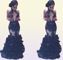 Sexy Mermaid South African Black Girls Prom Dress Pageant Ruffles Keyhole Neck Long Formal Evening Party Gown Plus Size Custom Mad7289325