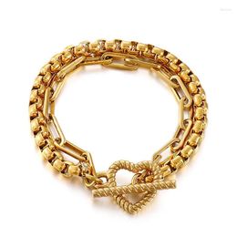 Link Bracelets Gold Colour Plated Stainless Steel Heart Shaped OT Clasp Double Layer Chain For Women Punk Style Trendy Jewellery