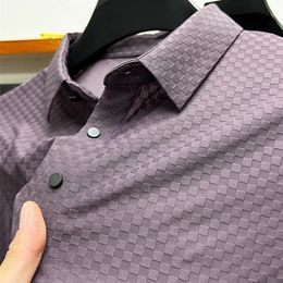 Luxury Trend Ice Silk Lapel Breathable Polo Shirt Grid Print Short Sleeves 2023 Summer Fashion Business Casual Men's TShirt 240106