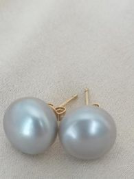 Stud Earrings Real Natural Huge 12-13mm South Sea Grey Pearl 14K YELLOW GOLD