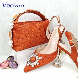 Special Design High Quality Orange Colour African Women Shoes and Bag Set with Shinning Crystal for Wedding Party 240106