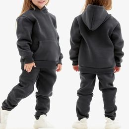 Winter Children Hooded Tracksuits Suits 06Y Toddler Boys Girls Clothing Suit Solid Plush Sweater and Sports Pants Set 240105