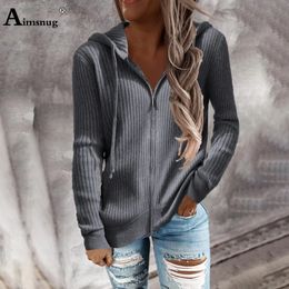 Women Fashion Hooded Top Grey Black Knitted Sweaters Female Long Sleeve Zipper Cardigans Ladies Streetwear Autumn Sweater 240105