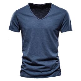AIOPESON 100% Cotton Men T-shirt V-neck Fashion Design Slim Fit Soild T-shirts Male Tops Tees Short Sleeve T Shirt For Men 240106