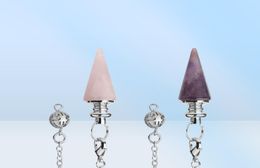 CSJA Conical Pendulum Natural Stone Taper Pendulums Silver Colour Chain Crystal Pendants for Dowsing Spiritual Reiki Healing Jewelr2756436