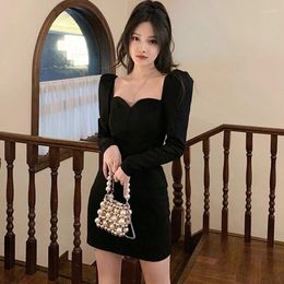 Casual Dresses Women's Slim Dress Solid Color V Neck Evening Part Puff Long Sleeve Temperament Sexy Fashion Korean Version