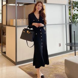 Vintage Korean Maxi Dresses for Women Party Long Sleeve V-neck Mermaid Dress Elegant Fashion Ladies Vestidos Femme Autumn 240106