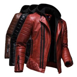 Fashion Red Jacket Men 's PU Leather Hooded Jacket Personality Motorcycle Jacket Large Size Fashion Men' S Clothing 240106