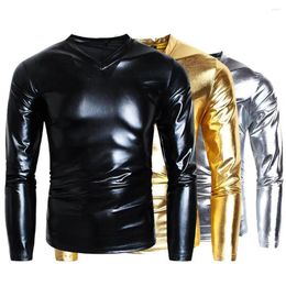 Men's T Shirts Men Metallic Shiny T-shirt Glossy Appearance Solid Color Long Sleeve Top Shirt V Neck Slim Nightclub Party Performance