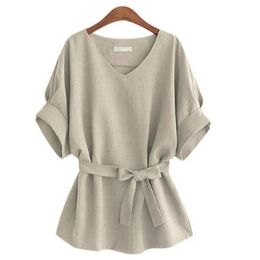 Shirts Summer Women Blouses Linen Tunic Shirt V Neck Big Bow Batwing Tie Loose Ladies Blouse Female Top For Tops 4Color Newest
