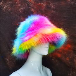 Autumn Winter Women Keep Warm Rainbow Faux Fox Fur Basin Cap Female Fashion Casual Party Bucket hat Music Festival Thickened Hat 240106