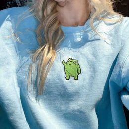 Women's Hoodies American Vintage Style Cute Frog Embroidered Crewneck Cotton Sweatshirts Women 2024 Spring Long Sleeve Loose Pullover