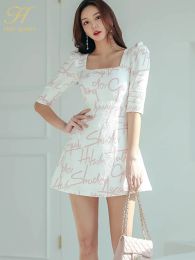 H Han Queen Spring Summer Dresses Korean Retro High Waist A-Line Vestidos Elegant Fashion Slim Print Office Party Casual