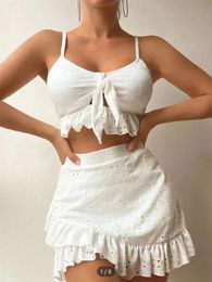 Dress Sexy White 3 Piece Bikinis Set Women Halter Cut Out Tie Up Ruffles Push Up Skirt Swimsuit 2023 Bathing Suit High Waist Swimwear