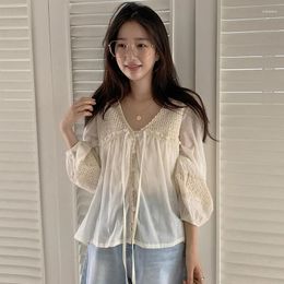 Women's Blouses Summer French Vacation V-neck Panel Lace Long Sleeve Victorian Blouse White Shirt Loose Relaxed Bubble Women