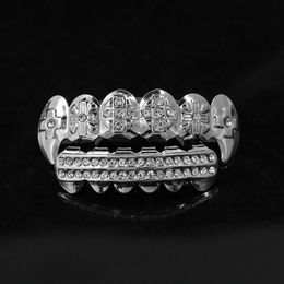 Grills Real Gold Plated CZ Rhinestone Hip Hop Teeth For Mouth GRILLZ Caps Top Bottom Grill Set vampire teeth Party Gift