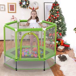 55'' Indoor Outdoor Kids Trampoline with Safety Net, Balls, and Basketball Hoop Perfect for Toddlers Ages 3-5 and Kids Ages 4-8