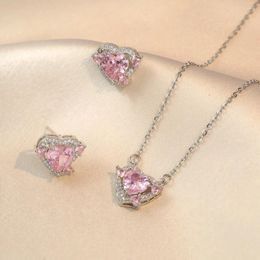 Necklace Earrings Set Bridal Pink Zircon Heart Stud Round Pendants Stainless Steel Chains Necklaces For Women Valentine Birthday