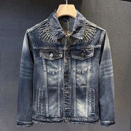 Autumn and Winter Men's Fried Street Embroidery Vintage Distressed Casual Trend Motorcycle Versatile Washed Denim Jacket 240105