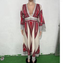 Casual Dresses Elegant Classy Plaid Print For Women 2024 Sexy Deep V Neck Long Sleeve Loose Maxi Dress Woman Clothing