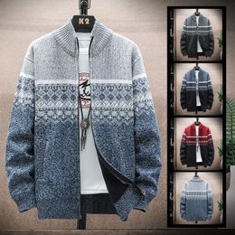 Men Sweater Zip Cardigan Autumn Winter Thick Wool Large size Knit Fashion Stripe Stand Collar Jacket Brand Y2K Clothing 240106