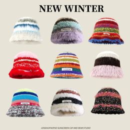 Fur Warm Crochet Bucket Hat Fashion Y2K Beanies Winter Hat for Women Korean Retro Fisherman Cap Ladies Knitted Hat 240106