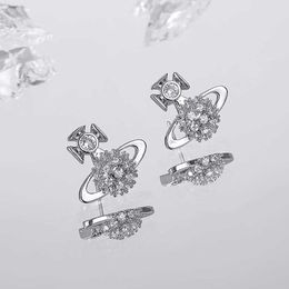 Stud Earrings Western Empress Dowager Silver Saturn Water Drops Long Sparkling Diamond Crystal Ear Studs Clip Two Wear Style Fashion for Women Jewellery Zley