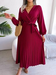 Casual Dresses Sexy V Neck Long Sleeve Dress Office Lady Spring Summer Fashion Elegant Red Colour Lace Up Pleated Women 2024 Female Robe