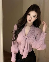 Women's Blouses Sweet Girl Lace-up Long-sleeved V-neck Shirt Autumn And Winter Pure Sexy Slim Fit Short Fashion Female Clothes
